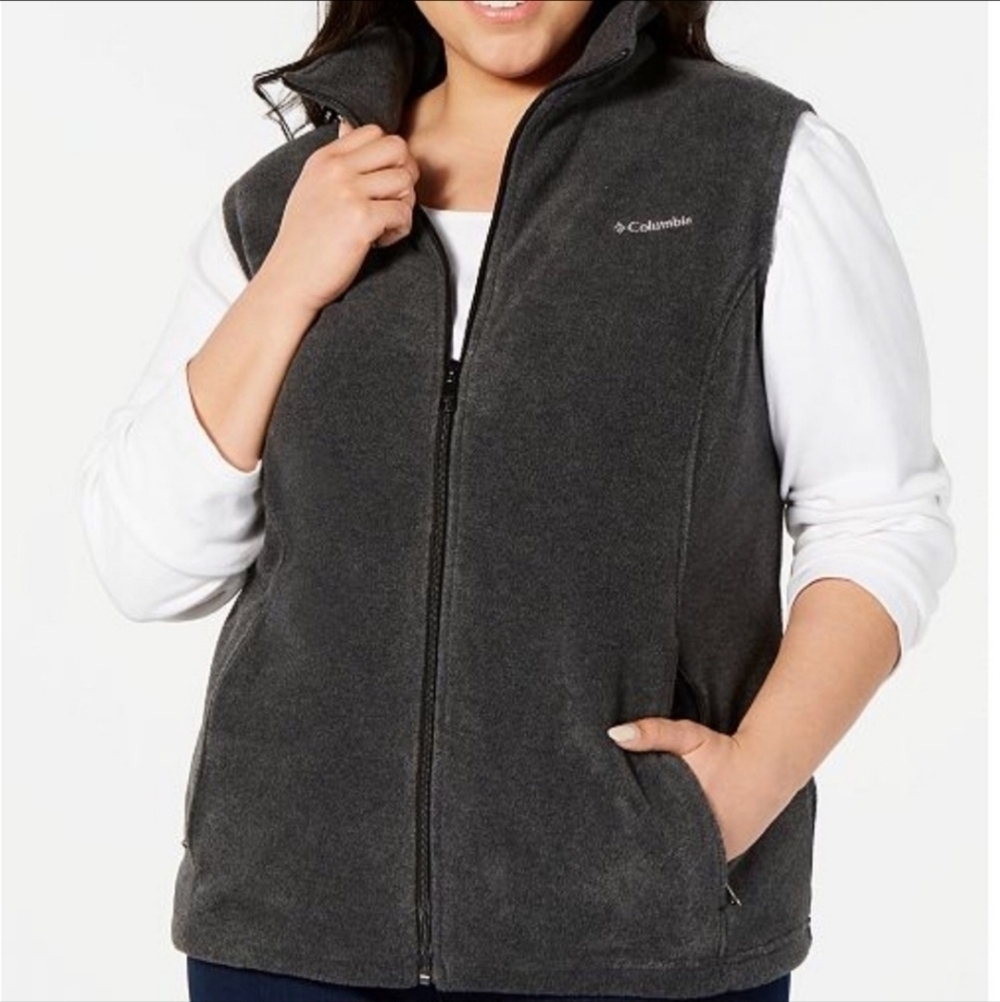 COLUMBIA Benton Springs Fleece Vest Charcoal Grey Women's 1X Collared Logo EUC